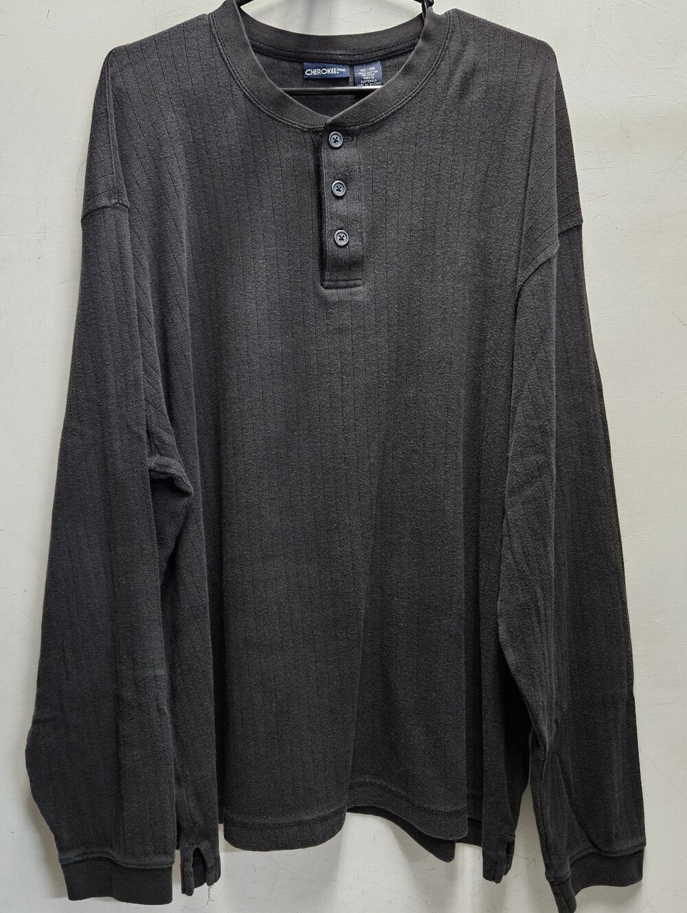 Cherokee XL Ribbed Cotton Henley Long Sleeve 3 Button Collar Black Top 00s Y2K
